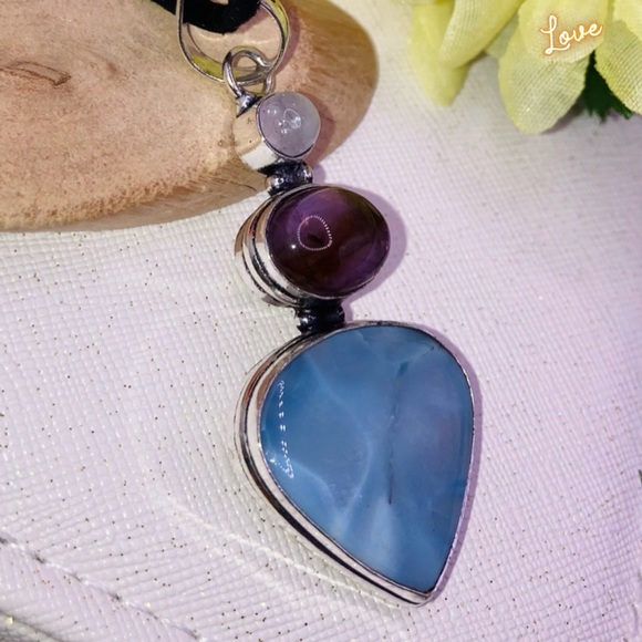 Owyhee Opal • Amethyst • Rose Quartz Gemstone Handmade Pendant Choker - Picture 3 of 5